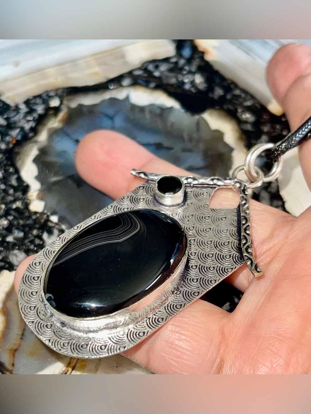 Black Banded Agate Pendant 2 1/2”